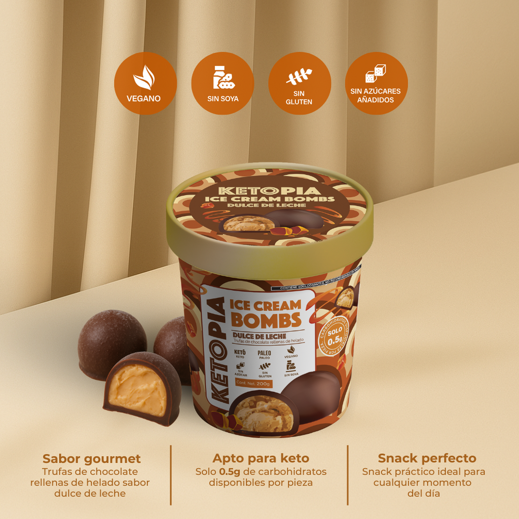 KETOPIA  Bombs de Helado Sin Azúcar Keto Dulce De Leche  195g - Frozen-Boutique