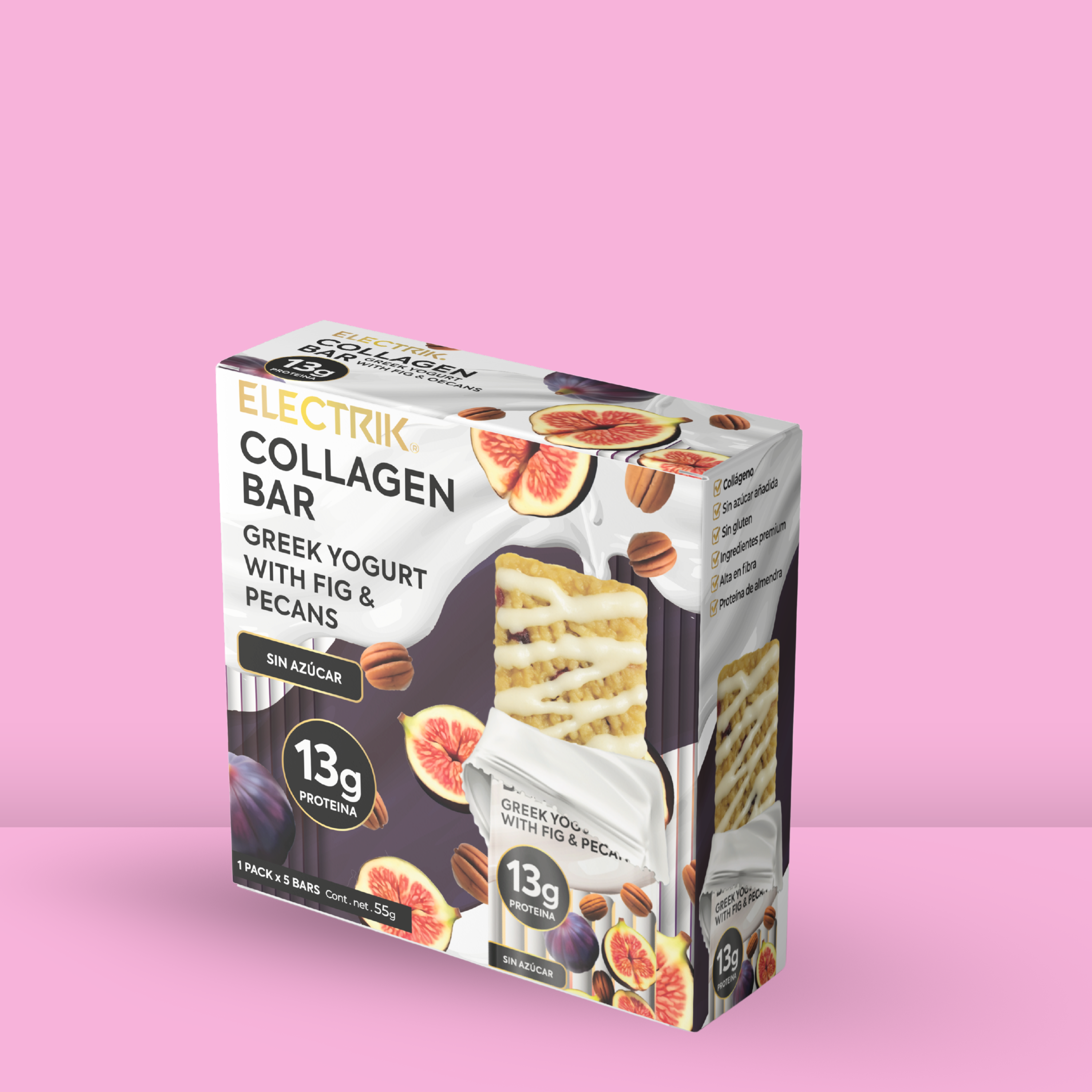 ELECTRIK Barras de Colageno keto Yogurth Griego Higo y Nuez - 6 PACK