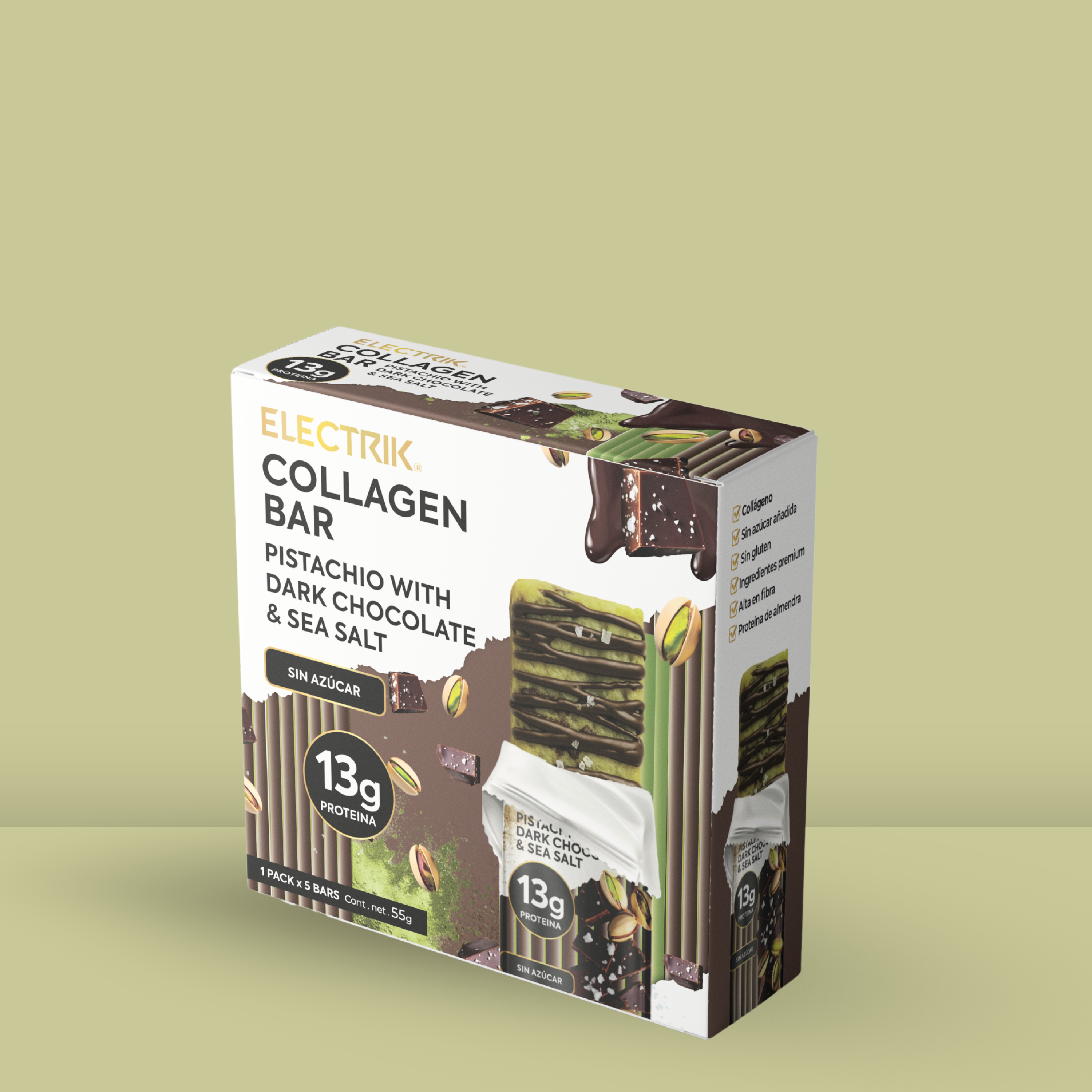 ELECTRIK Barras de Colageno keto Pistache y Chocolate Pack 6